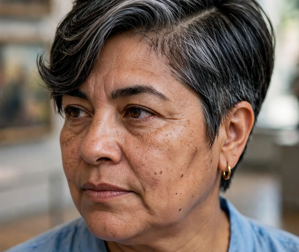 Pixie with dramatic deep side part on dark hair with gray, Latina woman in her late 40s, sky blue blouse, museum