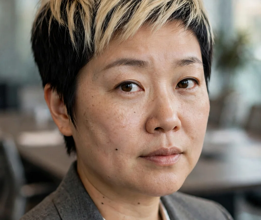 Two-tone pixie with black base and blonde top section, East Asian woman in her mid 30s, gray suit, conference room
