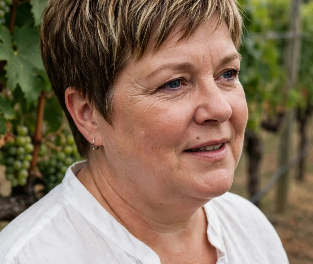 Pixie with blonde balayage on brown hair, Caucasian woman in her late 40s, white blouse, vineyard