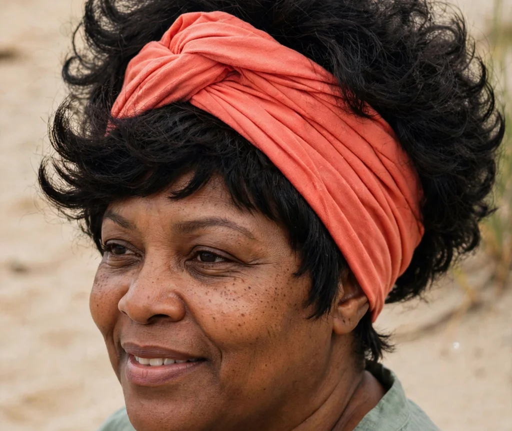 Voluminous blowout pixie on natural dark hair, Black woman in her mid 40s, coral headwrap, sandy beach