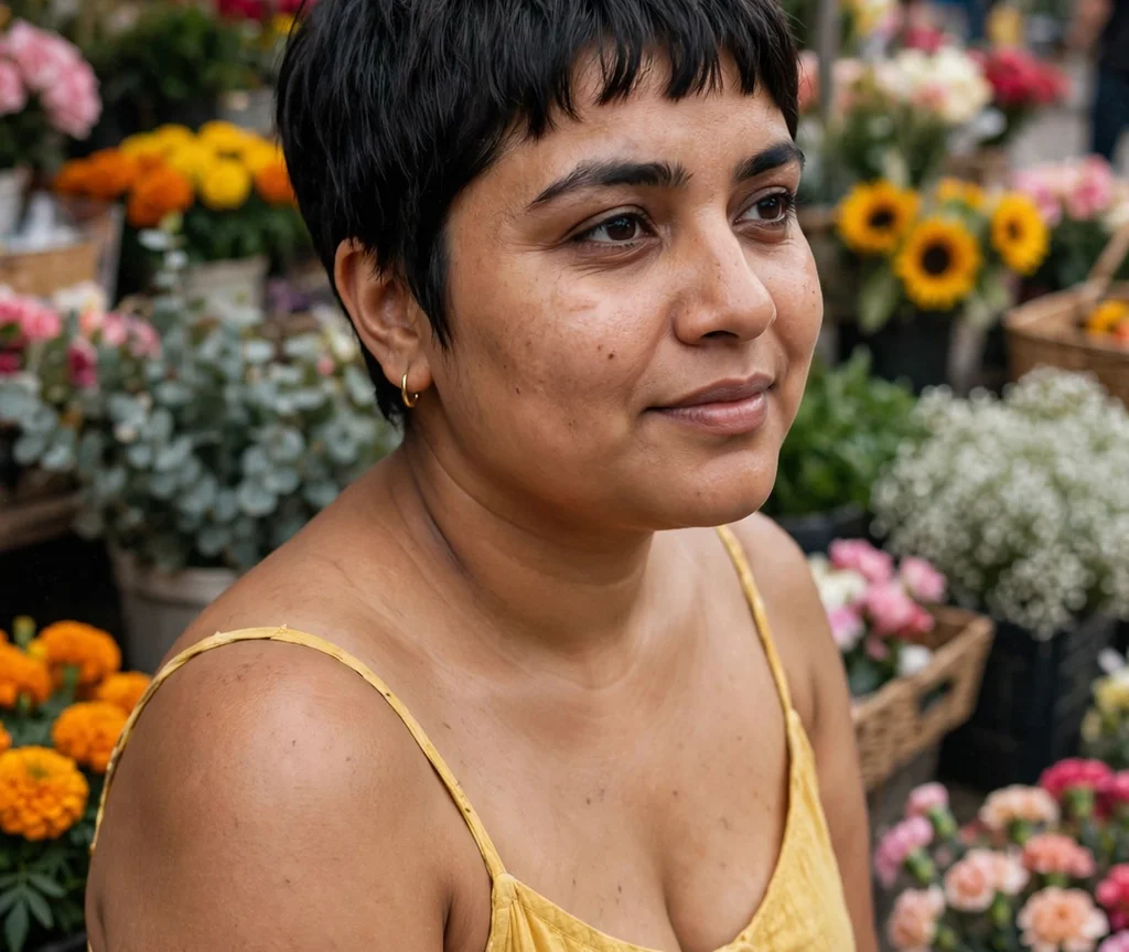 Pixie with short baby bangs on dark hair, South Asian woman in her late 20s, yellow sundress, flower market