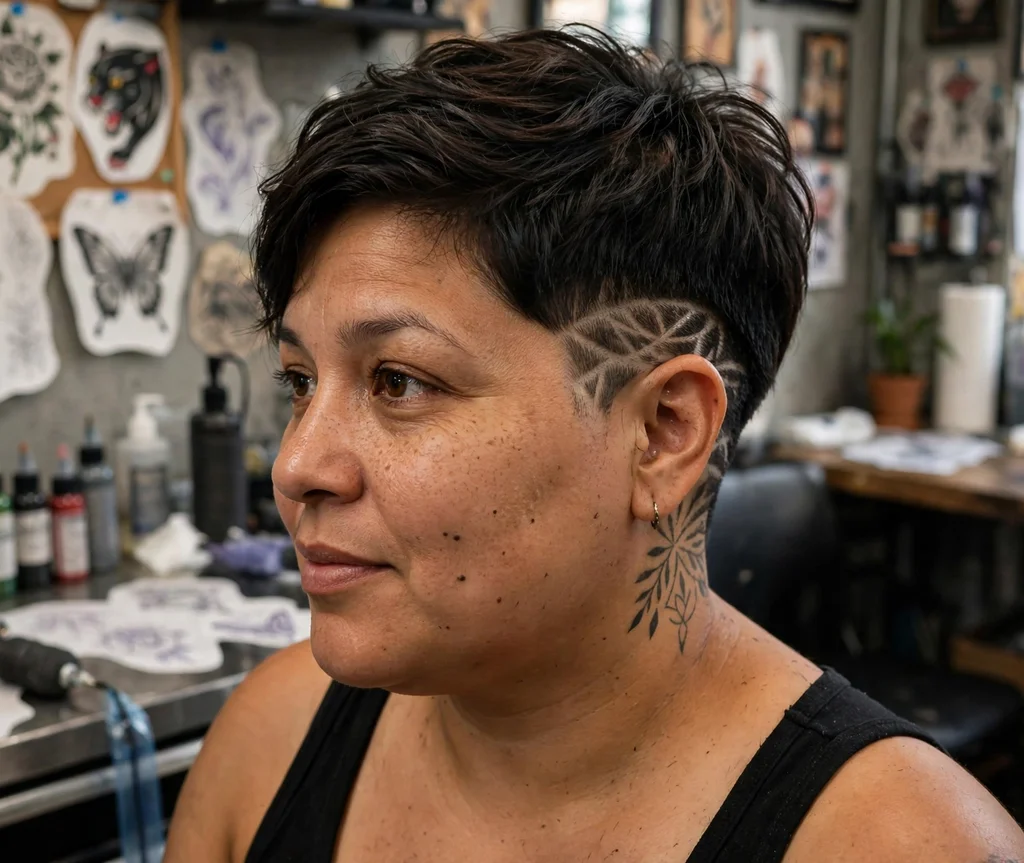 Tapered pixie with shaved nape design and longer dark top, Latina woman in her early 30s, black tank top, tattoo studio
