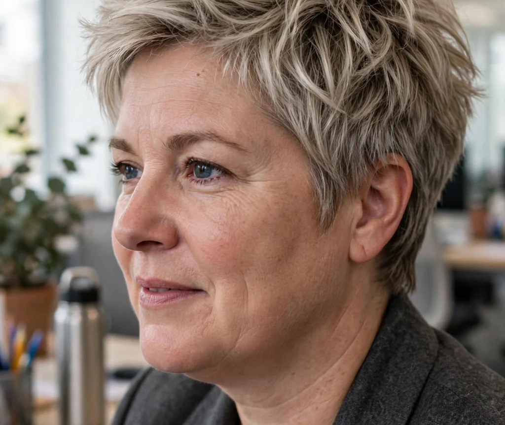 Tousled pixie with undone textured layers on ash blonde hair, Caucasian woman in her early 40s, charcoal blazer, bright office