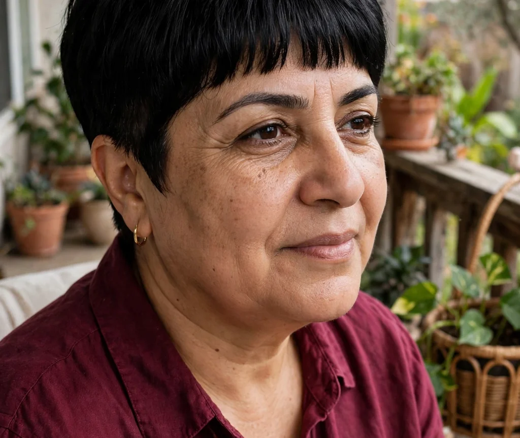 Pixie with full straight fringe and tapered sides on black hair, Middle Eastern woman in her mid 40s, burgundy blouse, home veranda