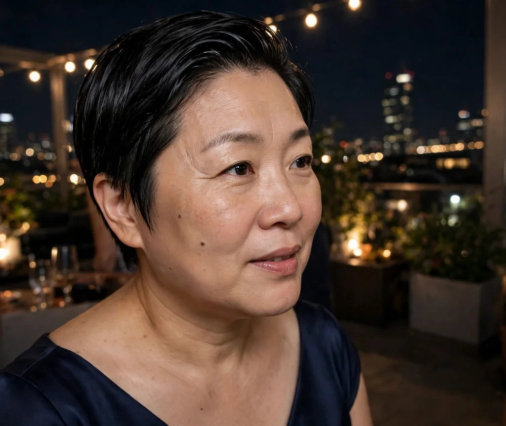 Sleek pixie with glossy wet-look finish on black hair, East Asian woman in her early 40s, navy evening dress, rooftop party
