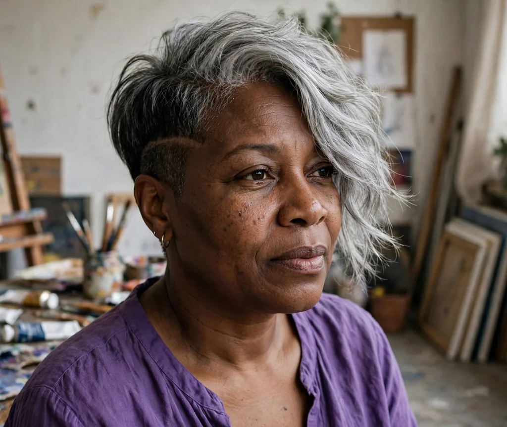 Modern asymmetrical undercut pixie with long silver top, Black woman in her late 40s, purple blouse, art studio