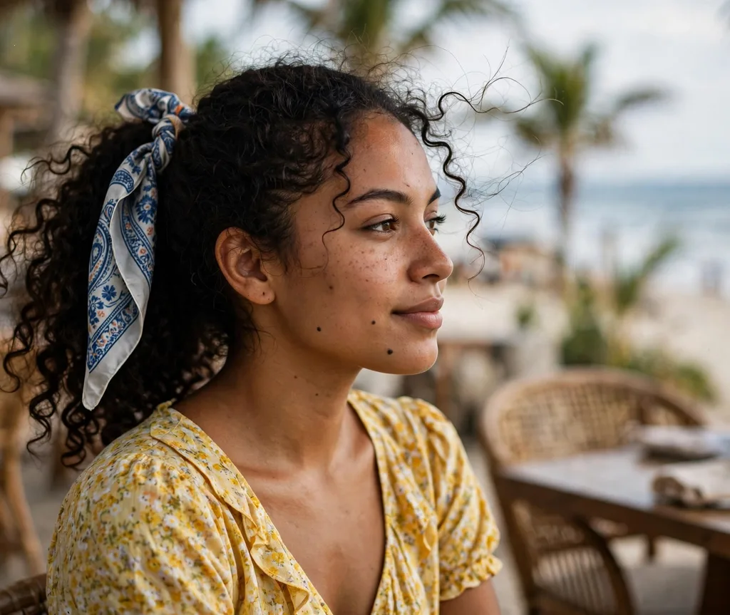 Ponytail wrapped with printed silk scarf on dark curly hair