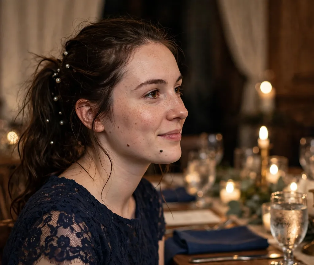 Ponytail decorated with pearl pins on dark brown hair