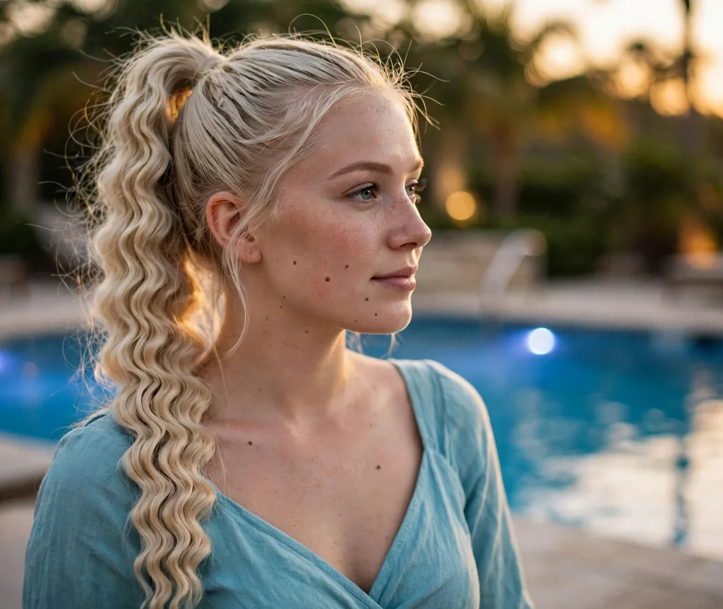 High ponytail with crimped texture on platinum blonde hair