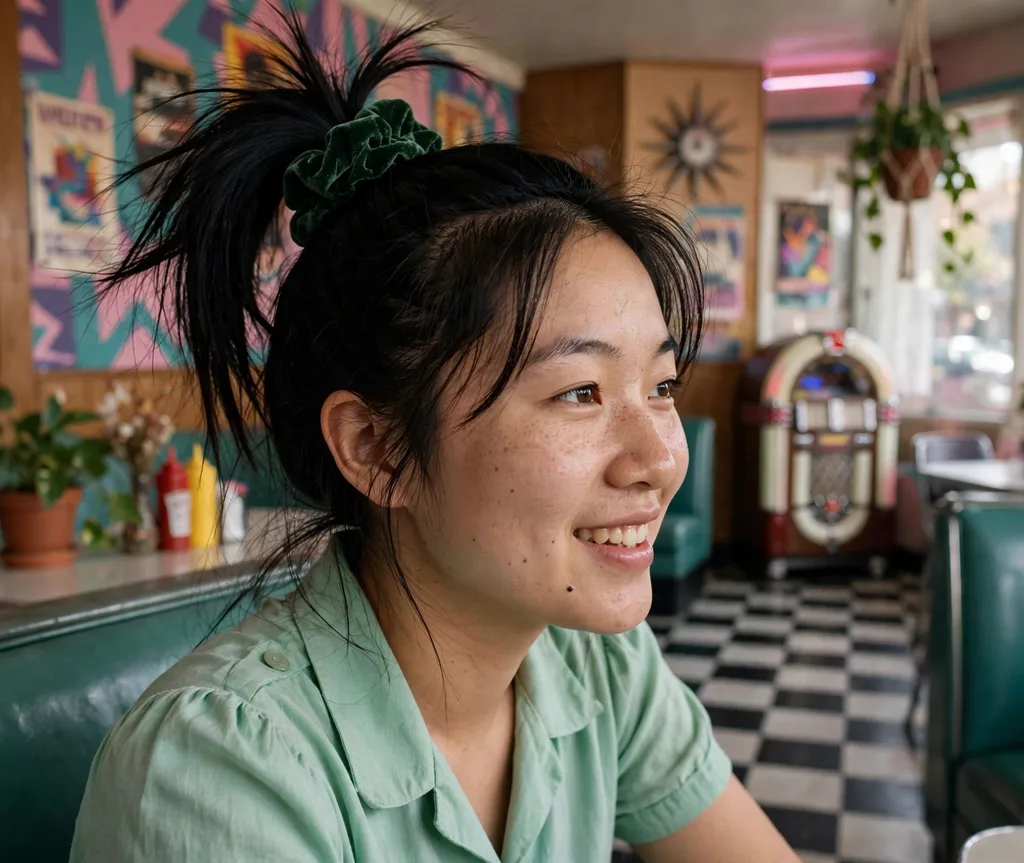 High ponytail with velvet scrunchie, 90s style on black hair