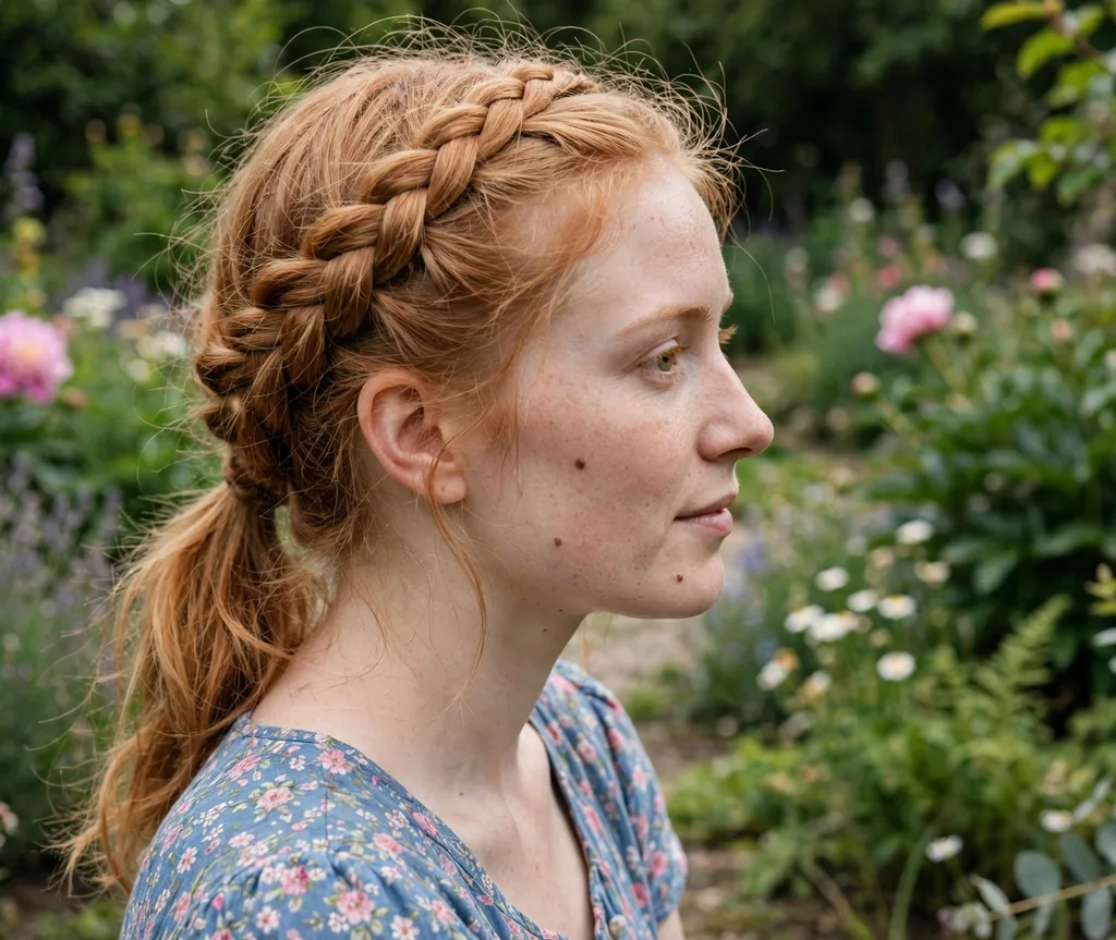 Braided crown flowing into low ponytail on strawberry blonde hair
