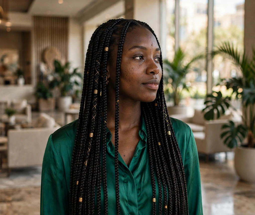 Black woman with long classic box braids and gold braid cuffs in a sunlit hotel lobby