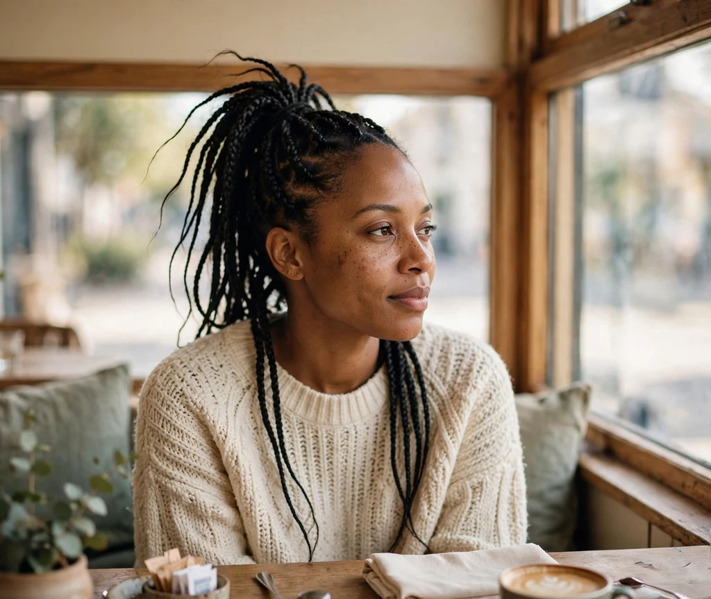 Black woman wearing knotless braids styled in a high ponytail at a cafe