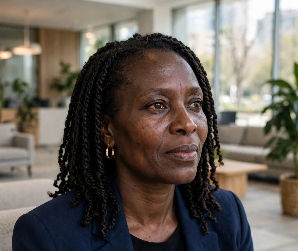 Black woman with shoulder-length Senegalese twists wearing a navy blazer