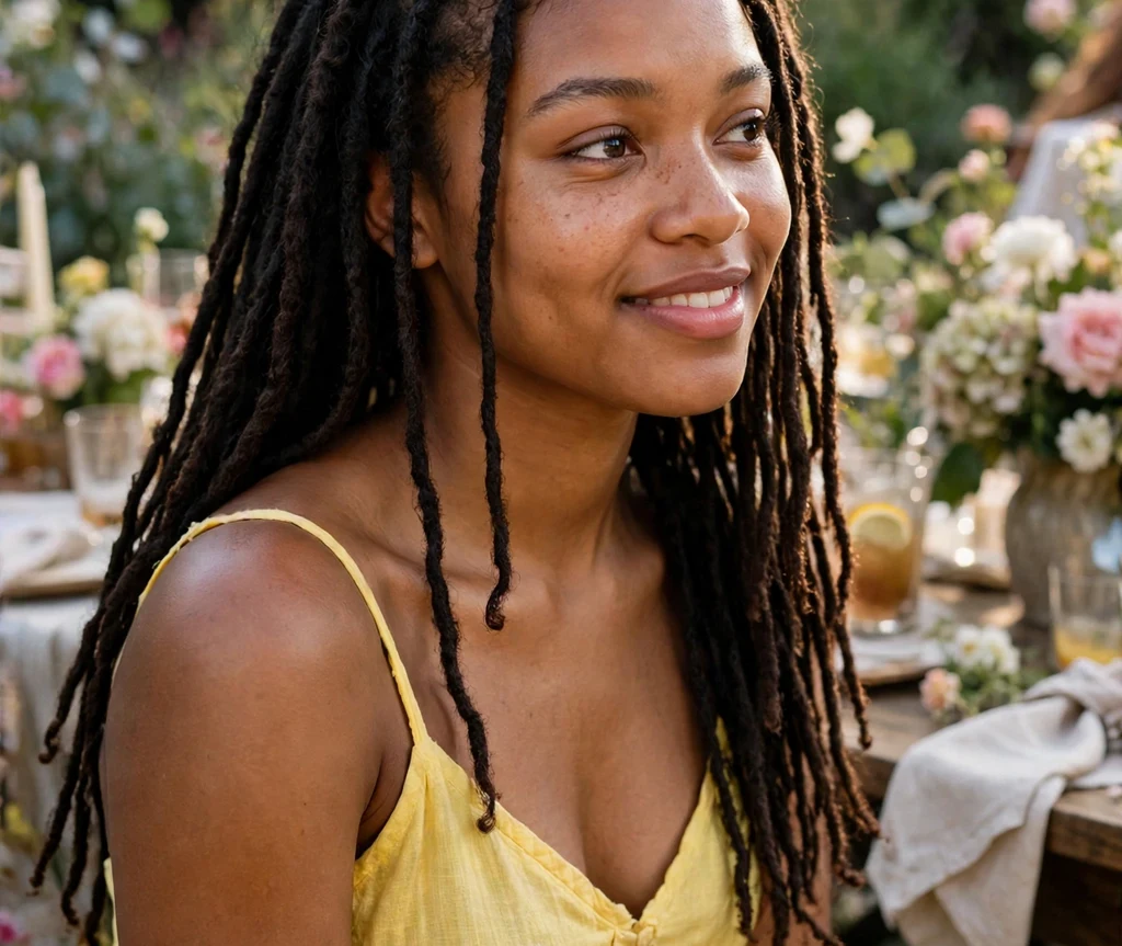 Black woman with mid-back faux locs and a center part at a garden party