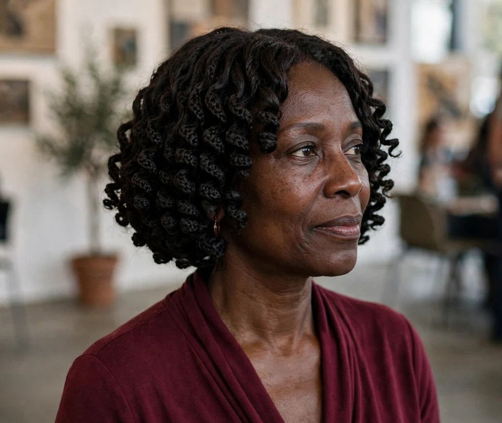Black woman with a short crochet curls bob hairstyle at an art gallery