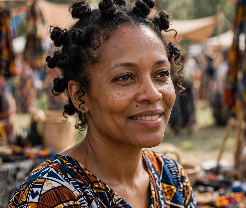 Black woman wearing bantu knots arranged in a crown at a cultural festival