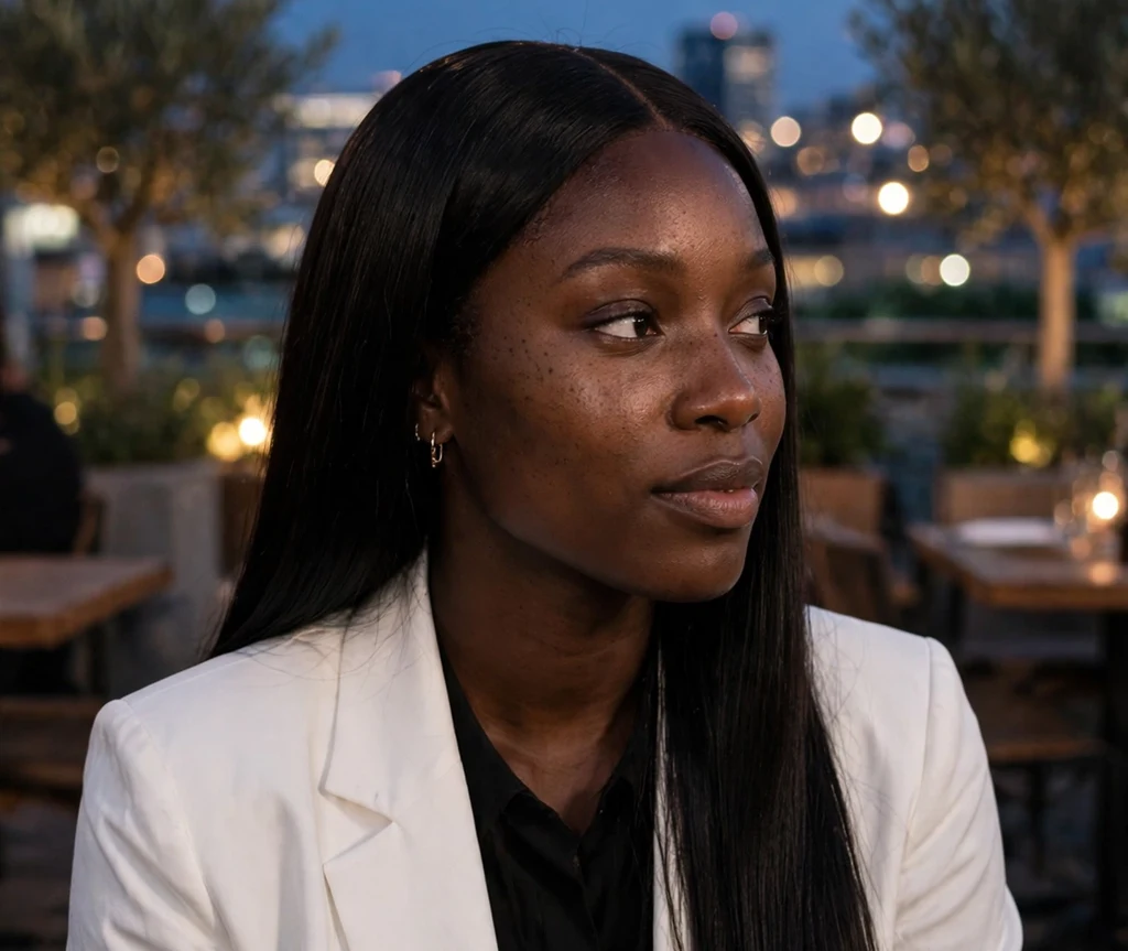 Black woman wearing a long straight black wig with a middle part at a rooftop event