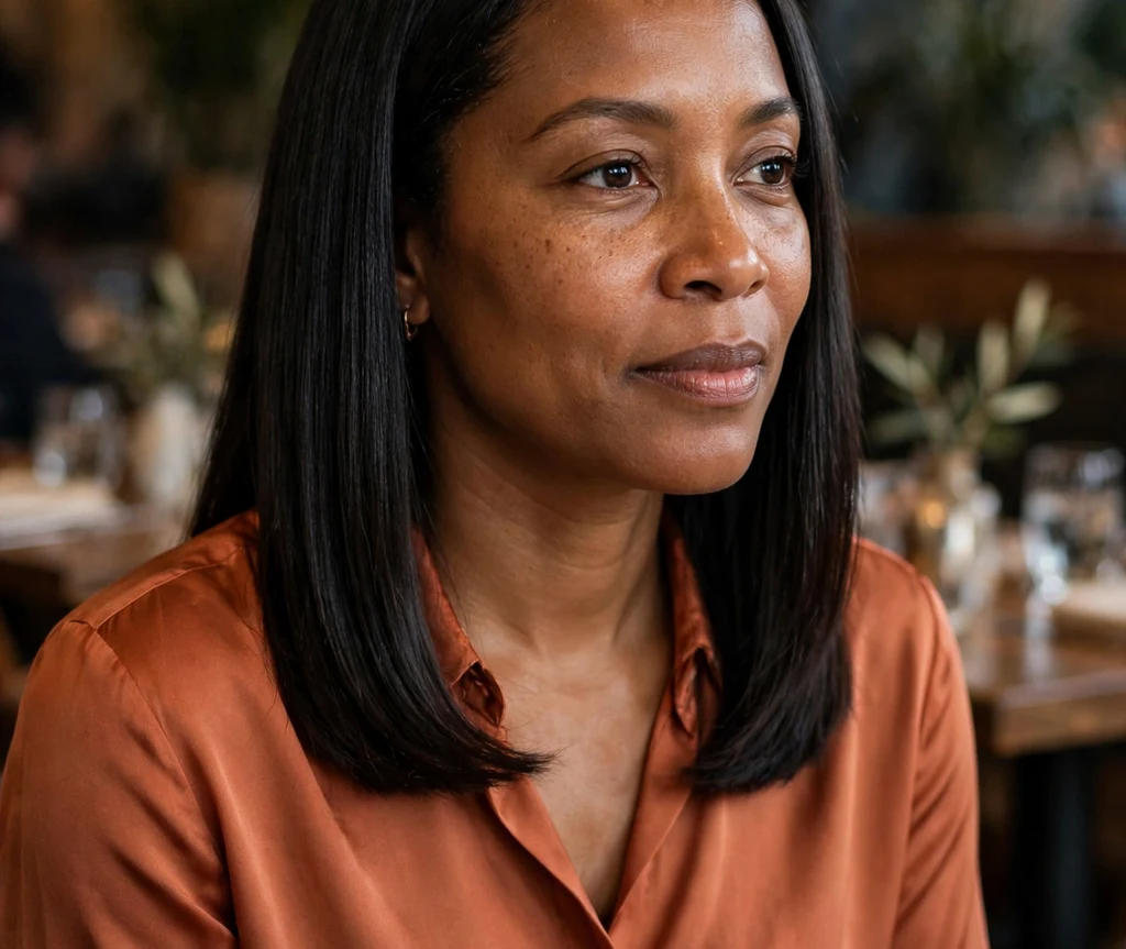 Black woman with a shoulder-length silk press hairstyle at a restaurant dinner