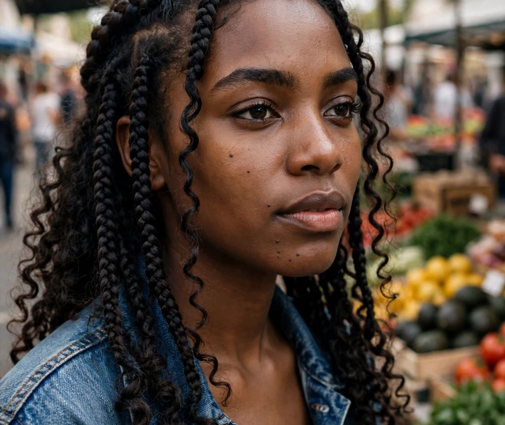 Black woman with goddess braids and curly boho ends at a street market