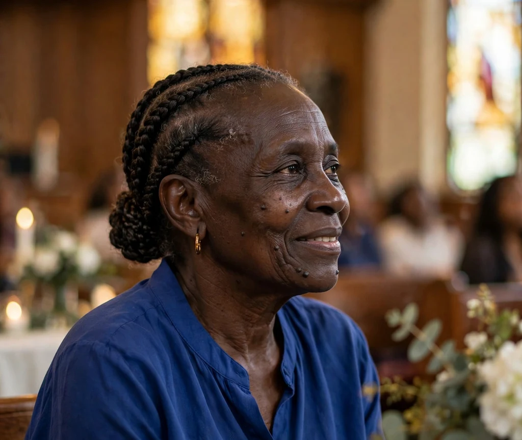 Black woman with feed-in cornrows gathered into a low bun at a church event