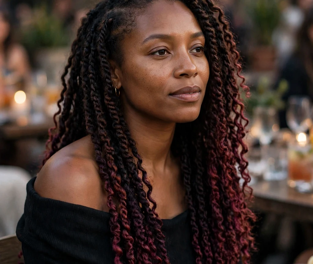 Black woman with long burgundy ombre passion twists at a cocktail party