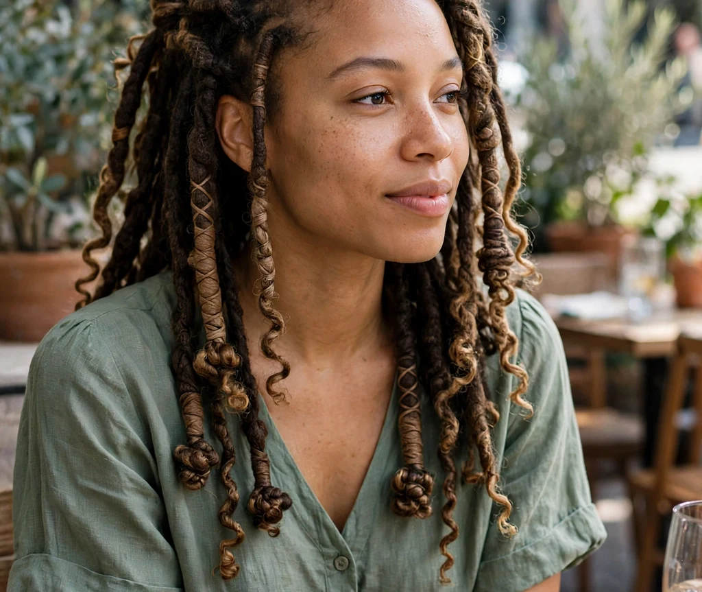 Black woman with flowing butterfly locs wearing a sage green linen dress at brunch