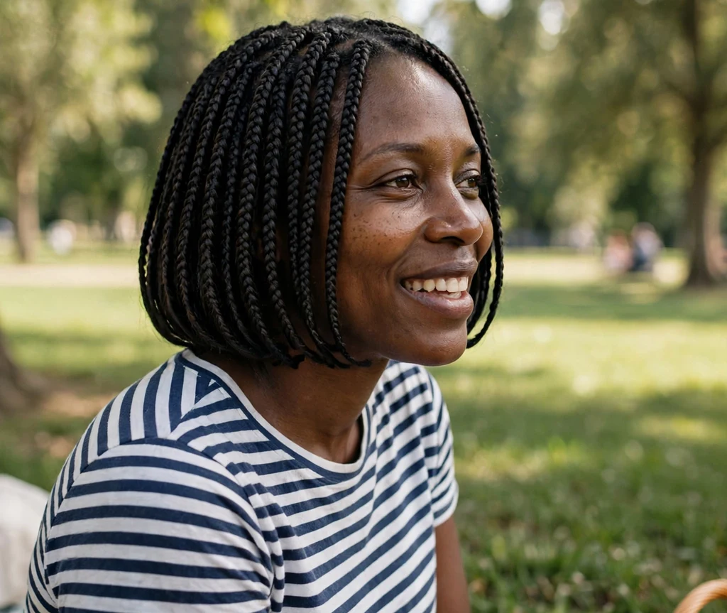 Black woman with a chin-grazing braided bob hairstyle at a park picnic