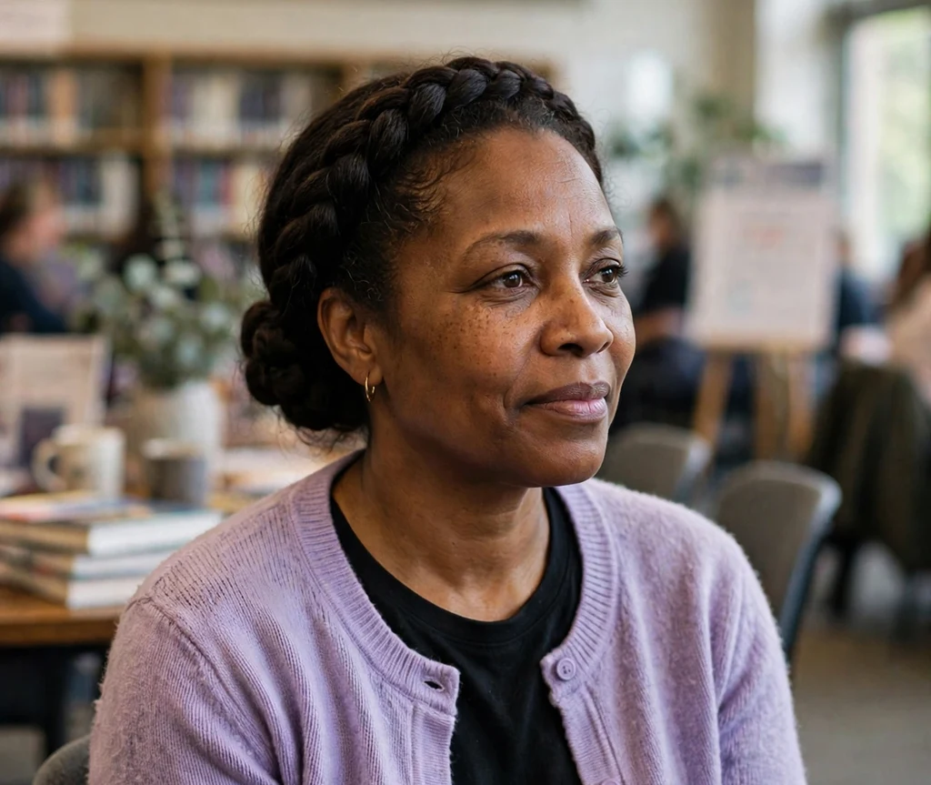 Black woman with a halo crown braid and low bun at a library event