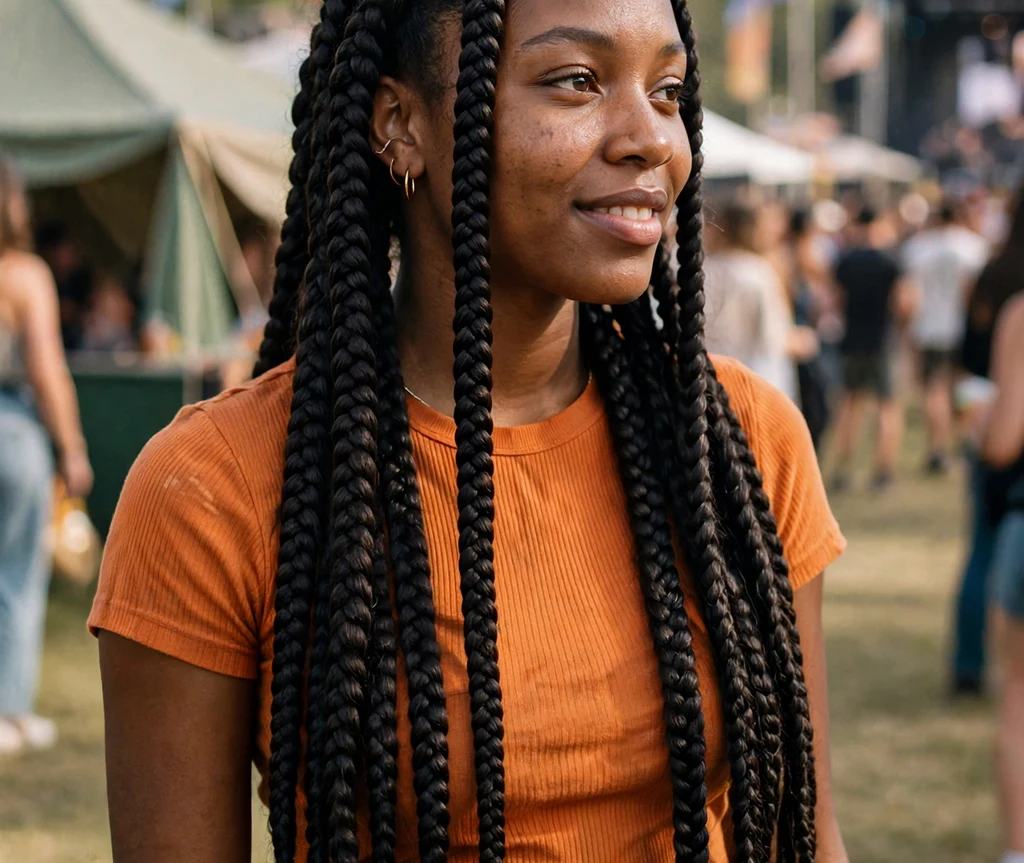 Black woman with waist-length jumbo knotless braids at a music festival