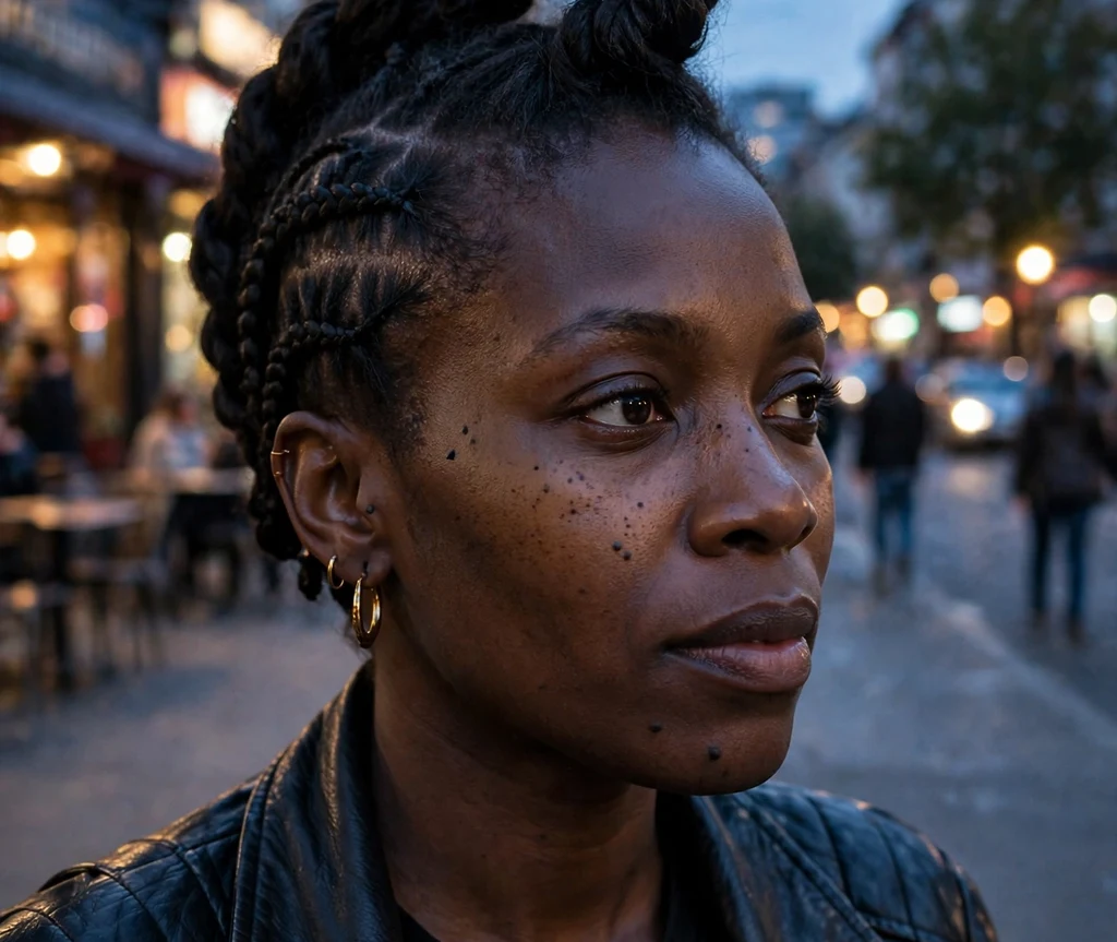 Black woman with a braided faux hawk with twisted mohawk on a city street at dusk
