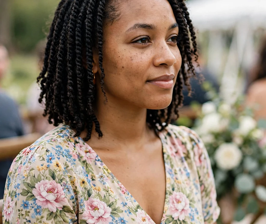 Black woman with shoulder-length crochet twists as a wedding guest