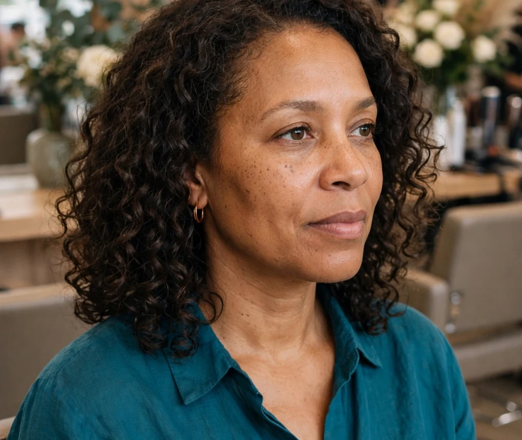 Black woman with a curly shoulder-length sew-in wig at a salon event