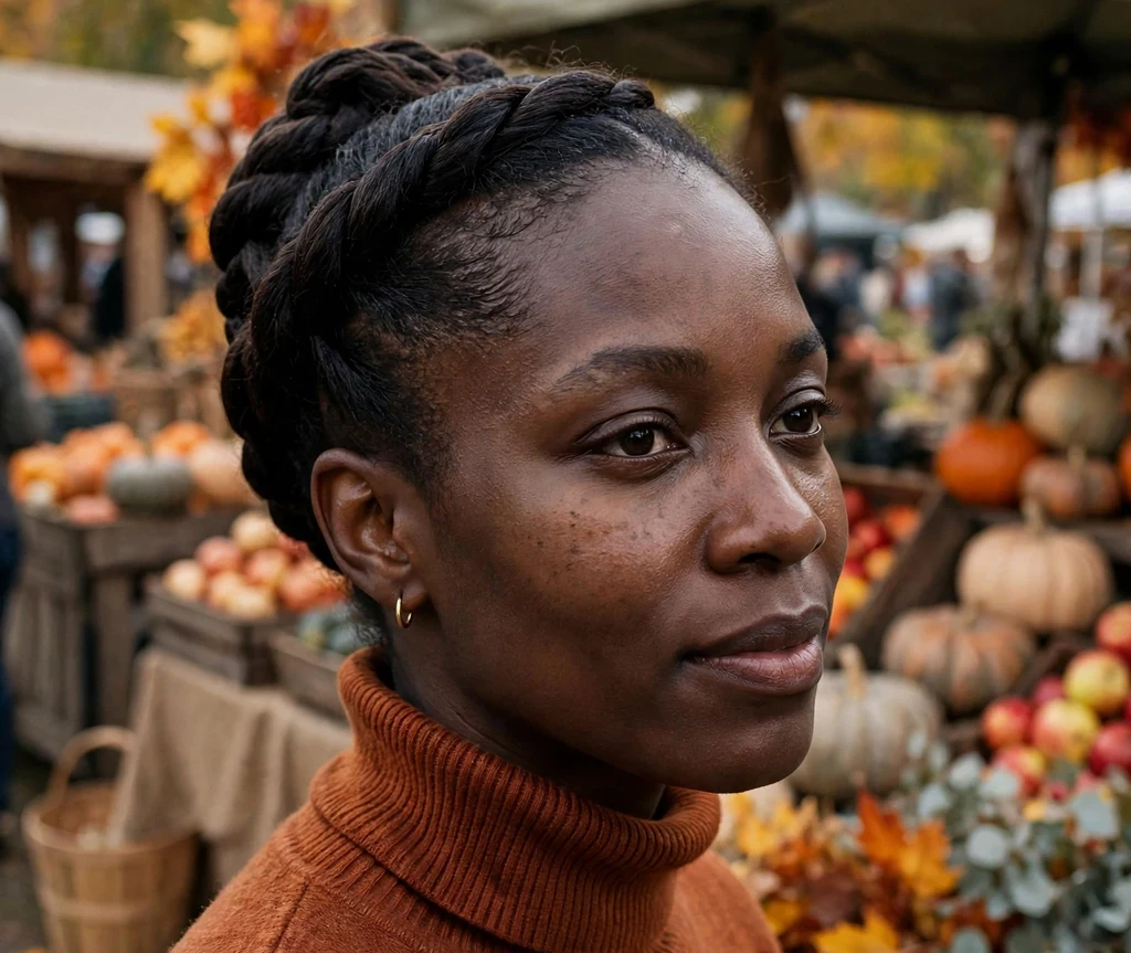 Black woman with a two-strand flat twist updo at a fall outdoor market