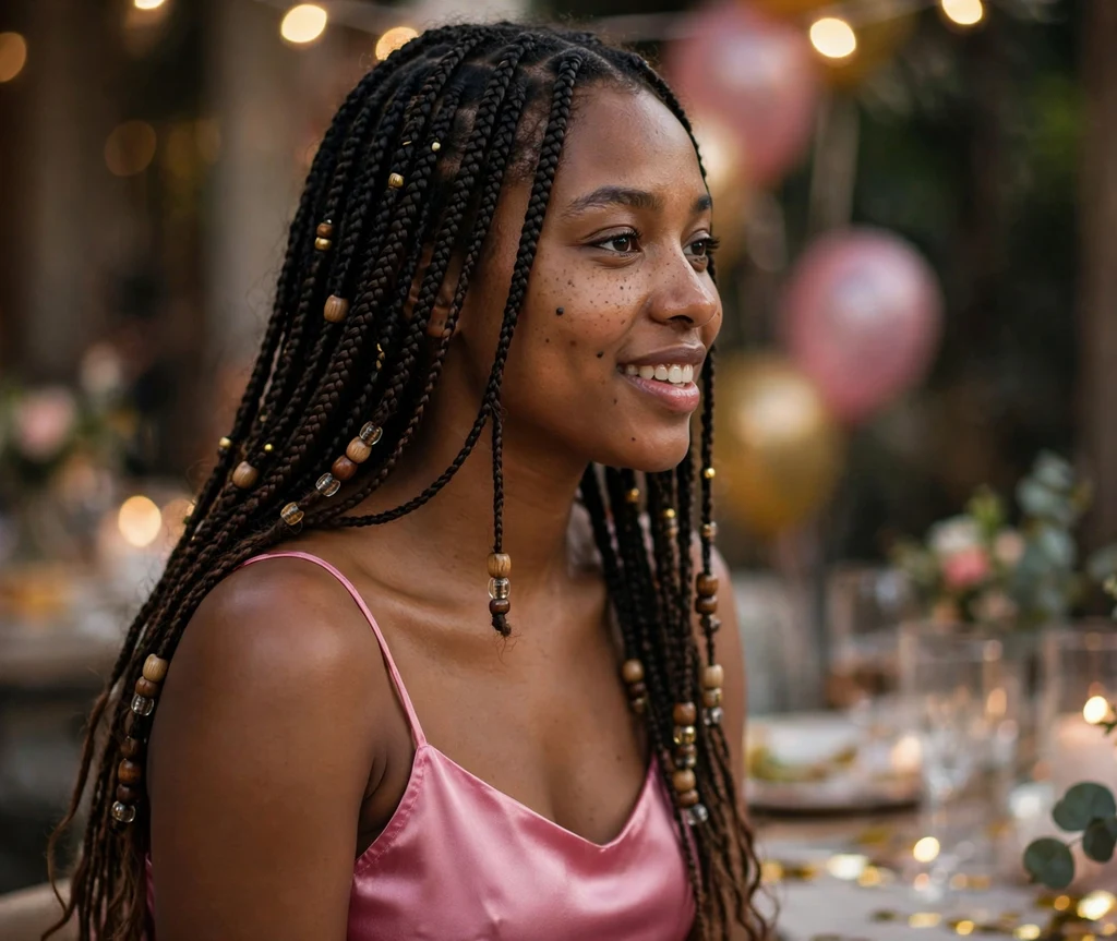 Black woman with beaded waist-length knotless braids at a birthday party