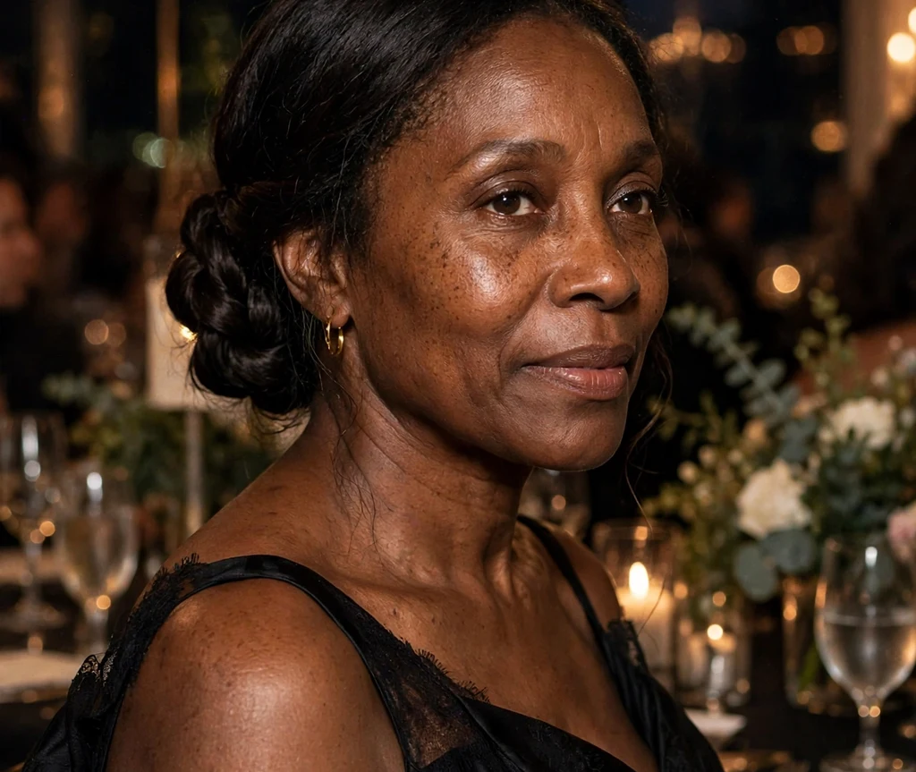 Black woman with an elegant low braided chignon in an evening gown at a gala