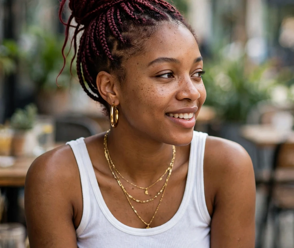 Black woman with burgundy knotless braids styled in a high bun on a daytime outing