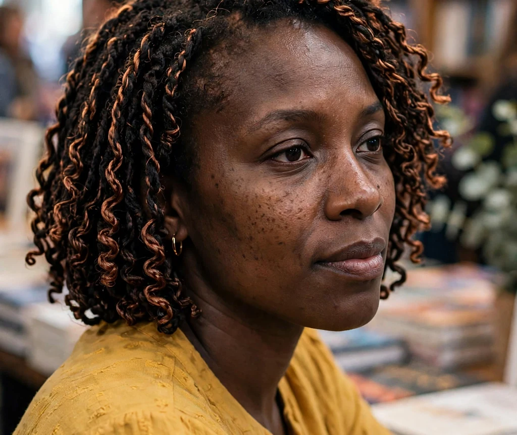 Black woman with a crochet faux locs bob with copper highlights at a bookstore