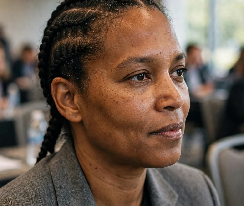 Black woman with classic straight-back cornrows wearing a grey blazer at a conference