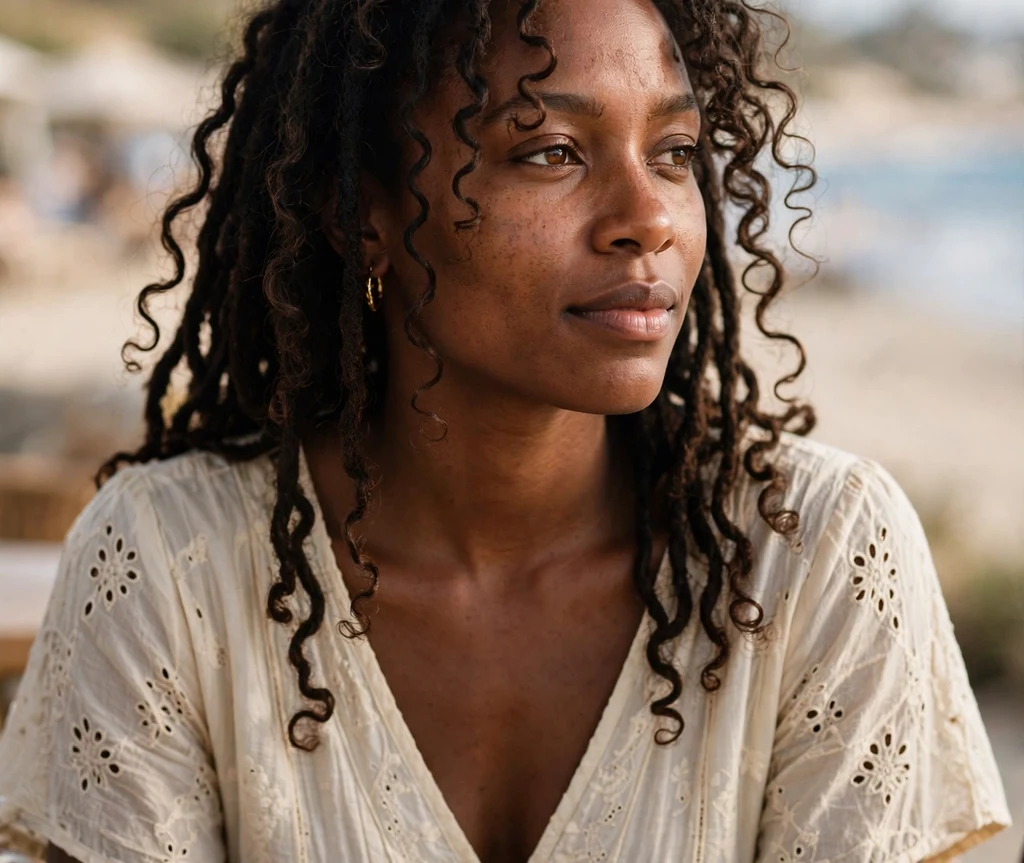 Black woman with goddess locs and curly tendrils at a beachside lunch