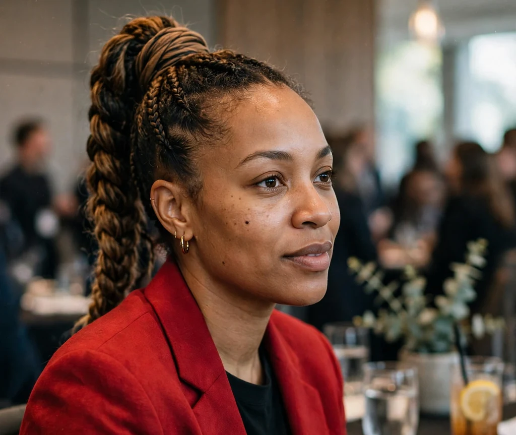 Black woman with a high braided ponytail with a wrapped base at a networking event