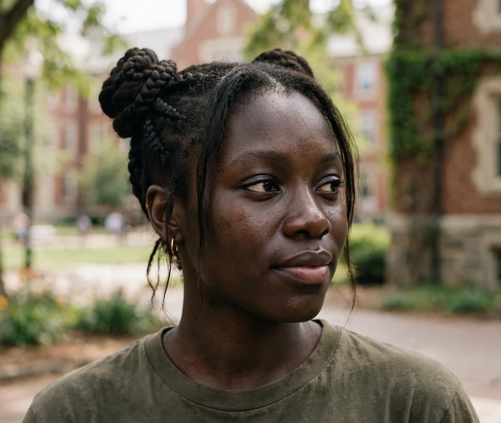 Black woman with double braided space buns on a college campus