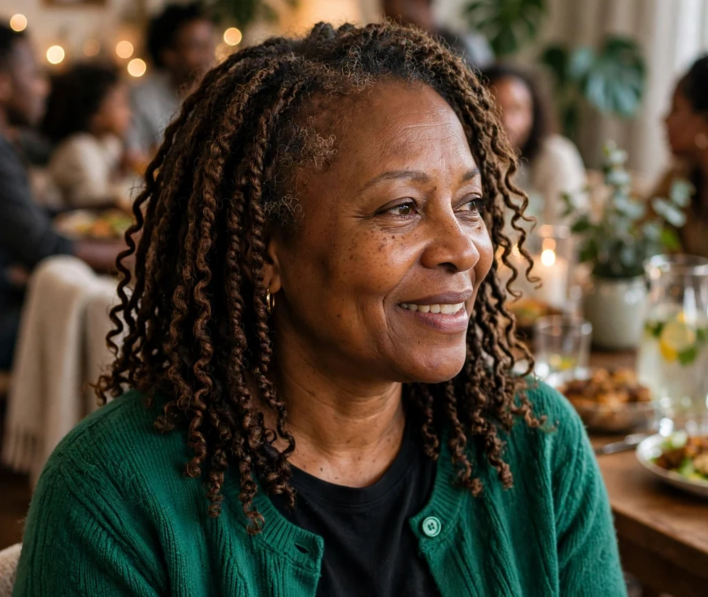 Black woman with a shoulder-length two-strand twist style at a family gathering