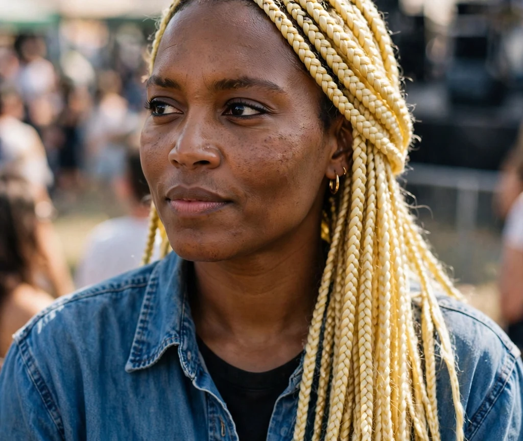 Black woman with blonde lemonade side-swept braids at an outdoor concert