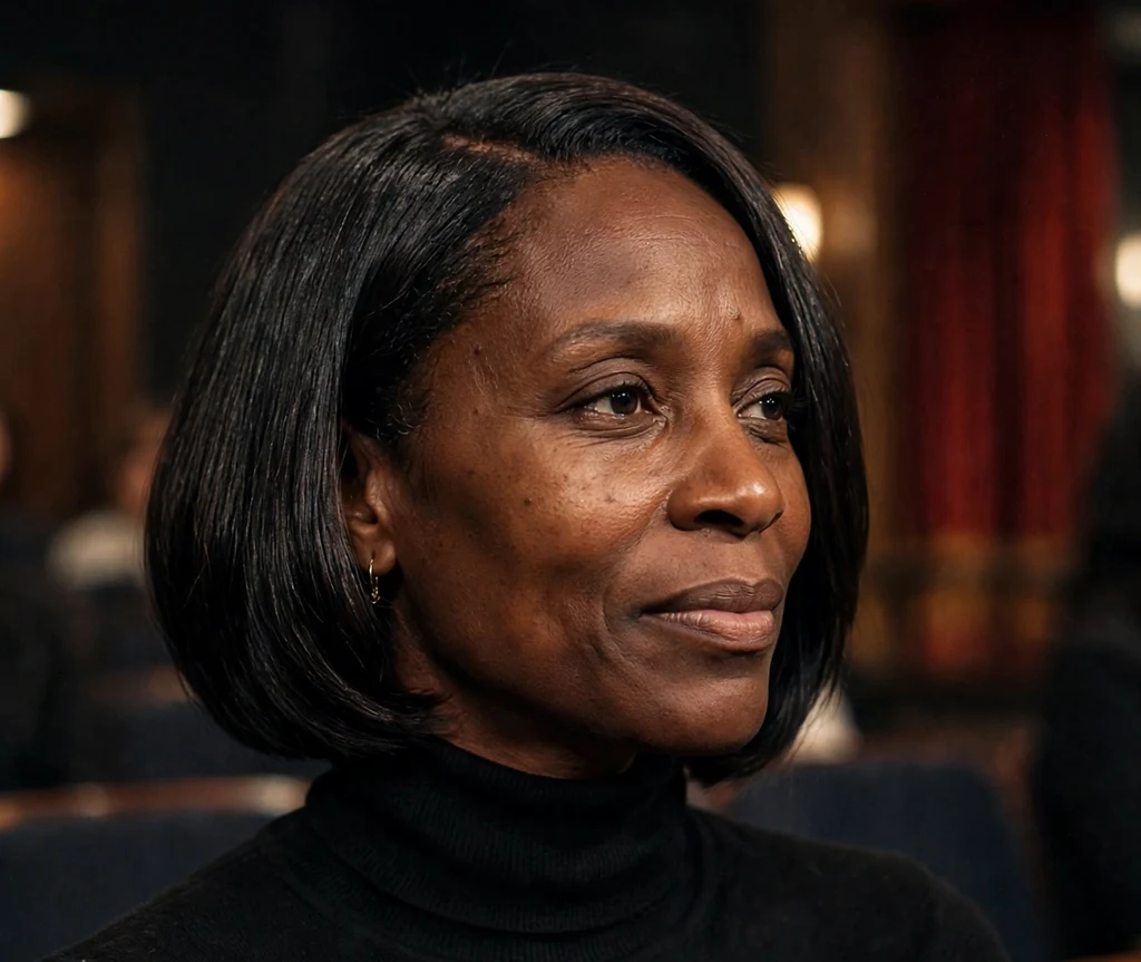 Black woman with an elegant side-part silk press bob at a theatre evening