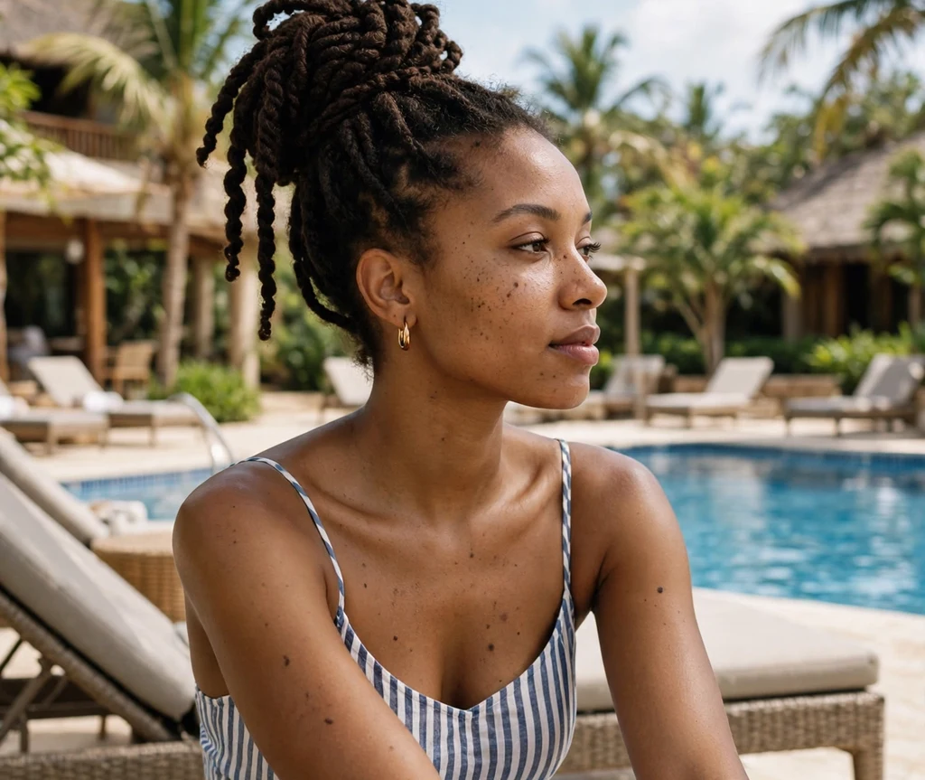 Black woman with jumbo Senegalese twists in a high bun at a poolside resort