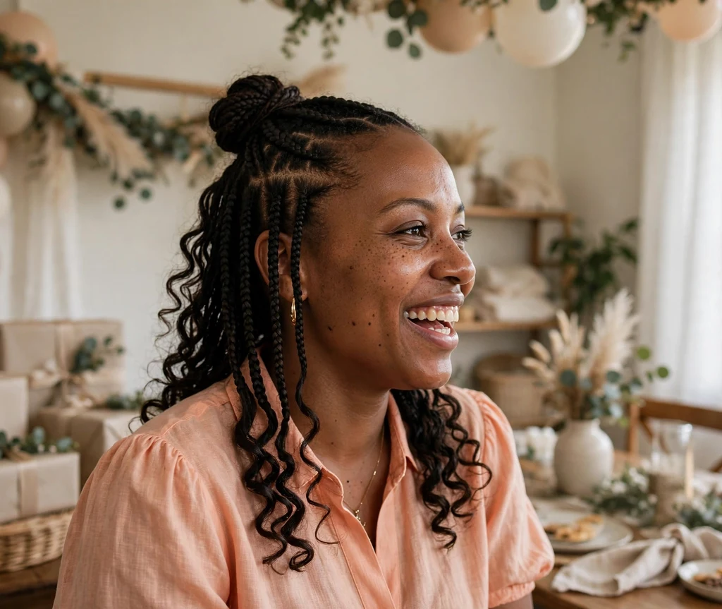 Black woman with half-up knotless braids and loose curls at a baby shower