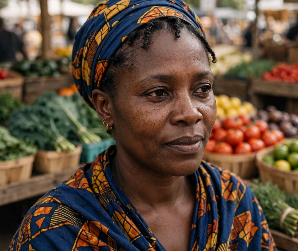 Black woman wearing a chic protective headwrap with flat twists at a farmers market