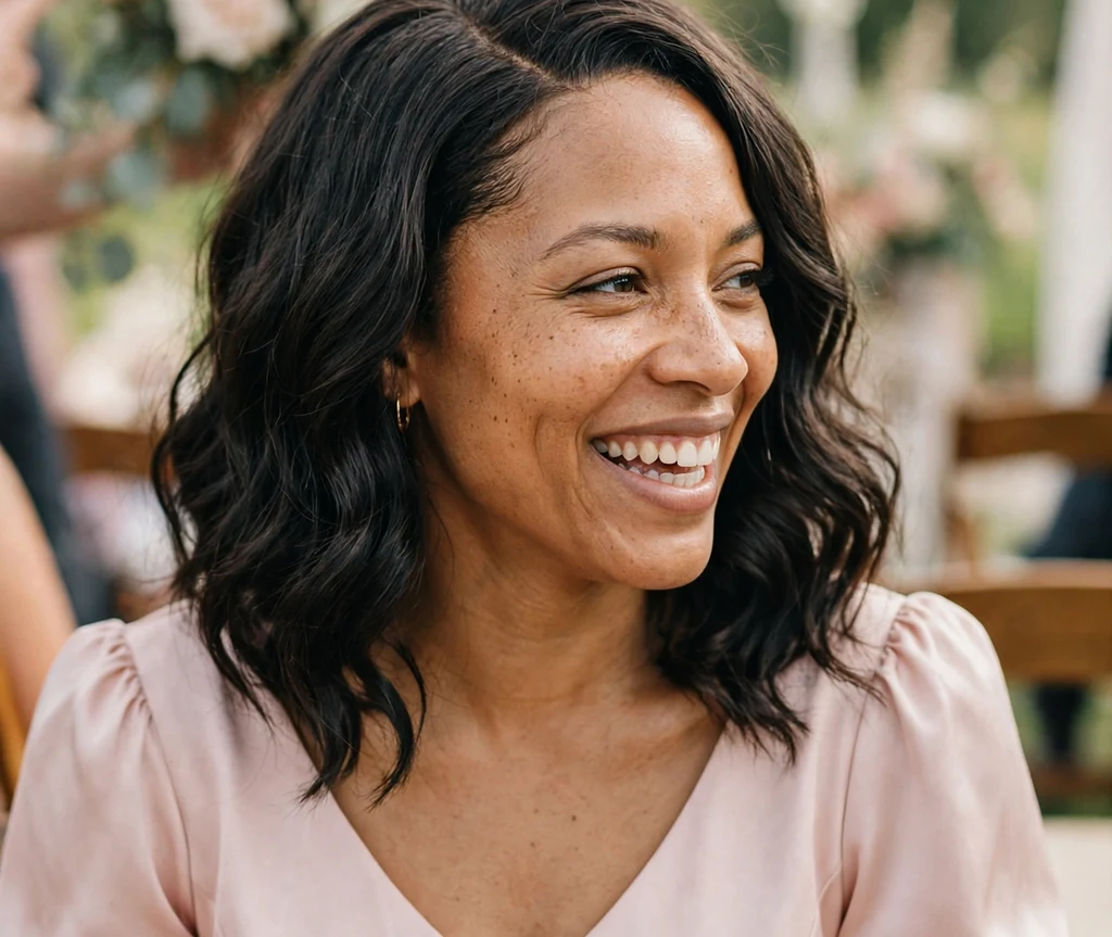 Black woman with a wavy side-part glueless wig as a bridesmaid at a wedding