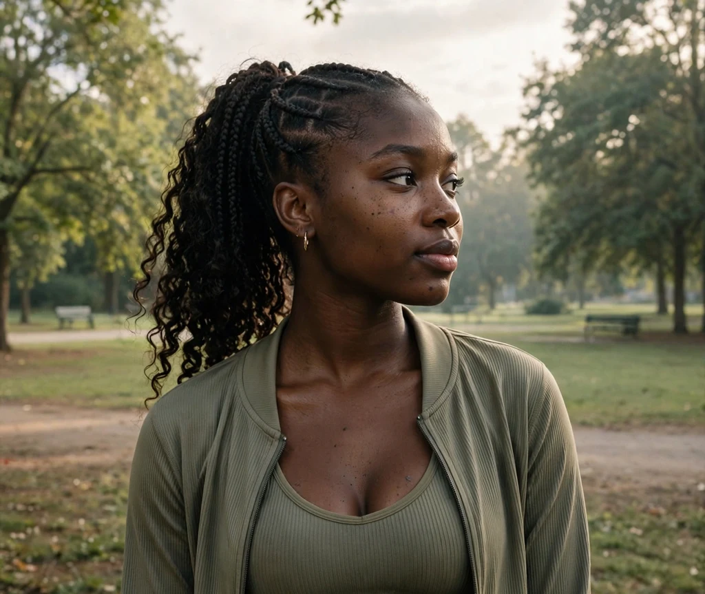 Black woman with stitch braids in a high ponytail with curled ends at a park